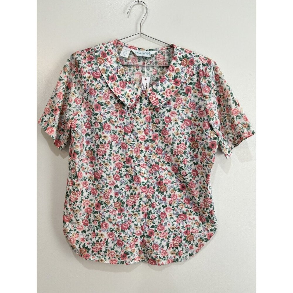 Vintage Sweet Briar size 10 White Floral Short Sleeve Peter Pan Collar Button up